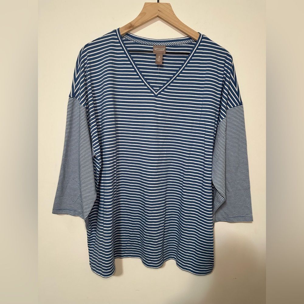Chico’s Stripe Mix Drop Shoulder Top SZ 4 short Sleeve Pattern V Neck 3/4 Blue